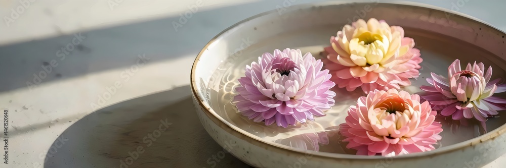 Fototapeta premium Vibrant flower heads floating in ceramic bowl with clear water – Ideal for spa-like environments, minimalist design, or serene atmospheres.