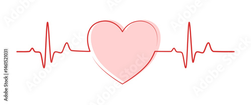Red line normal sinus rhythm heart graph with pink heart. Vector Medical Illustration