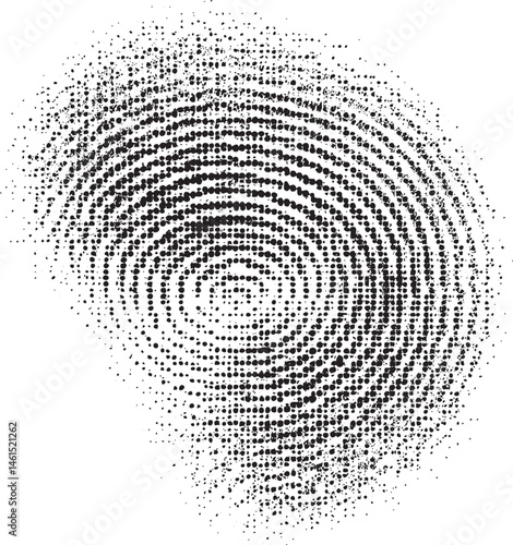 A dense swirling of black dots forms a circular vortex.