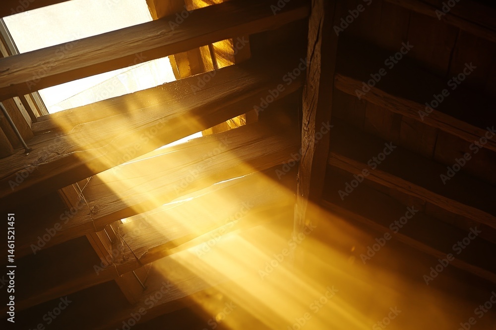 Fototapeta premium Sunlight streams through a rustic attic roof.