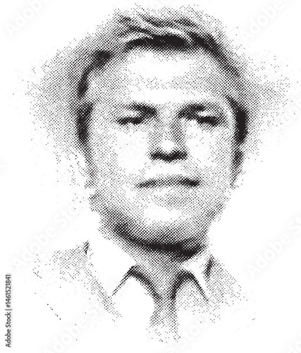 A grayscale portrait of a mature man looking directly at the viewer.