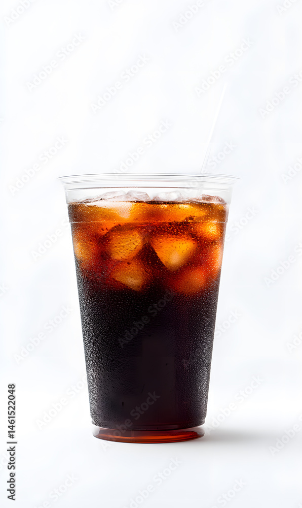 Cola cold drink with ice cubes, in plastic cup, isolated on a white studio background Cola cold drink with ice cubes, in plastic cup, isolated on a white studio background