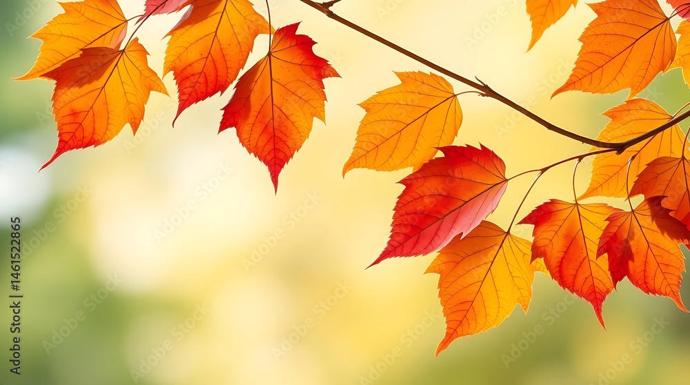 A branch with bright orange and red autumn leaves against a soft blurred background of yellow and green hues A branch with bright orange and red autumn leaves against a soft blurred background of yellow and green hues