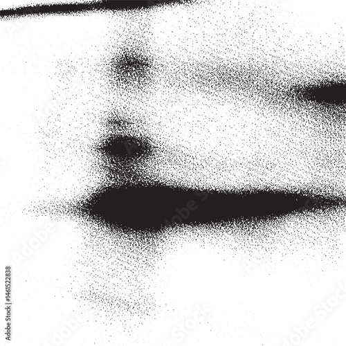 A close-up portrait reveals a partial human face rendered in dense black dots on a white background.