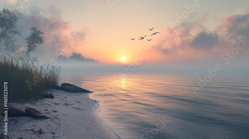 Tranquil dawn, A serene seascape with birds in misty morning glow