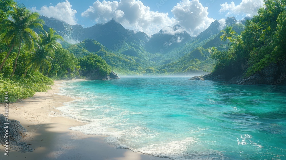 Fototapeta premium Tropical paradise; beach, azure water, palm trees, mountains, cloudy skies