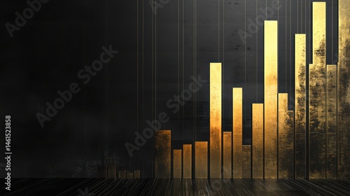 Ultra quality image of gold bar graph rising in the background with black lines and solid dark gray colors, representing stock market growth or financial success.