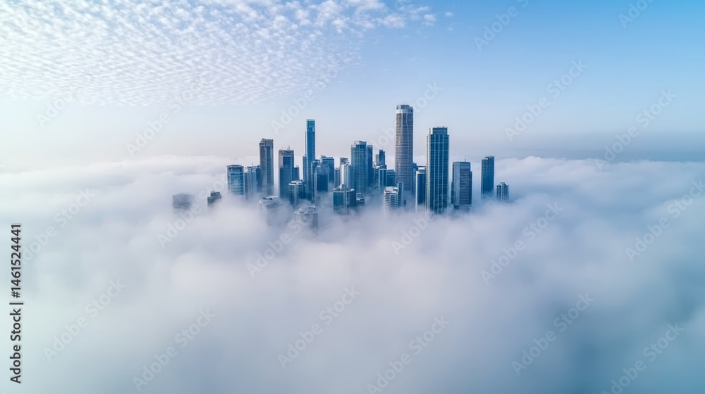 Fototapeta premium City skyline emerging from dense clouds under a clear blue sky. Environmental impact and pollution policy concept.