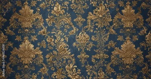 Intricate gold floral damask on blue  Luxury seamless wallpaper texture , elegant, illustration, design