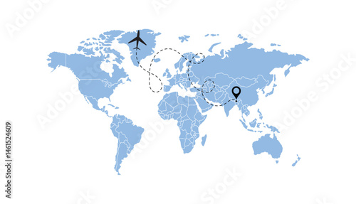 world map, flying white airplanes routes vector illustration