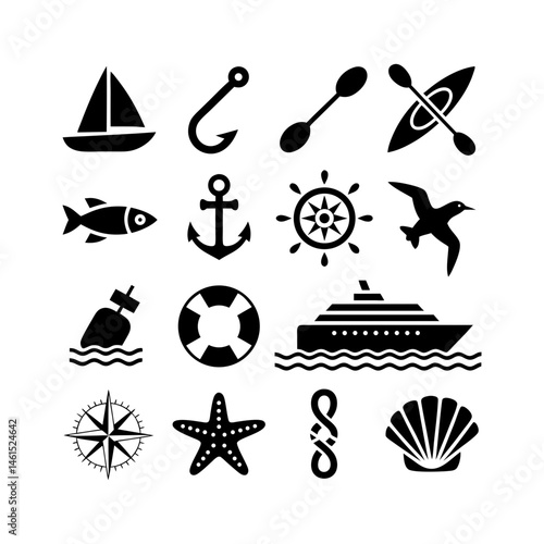 Nautical icons isolated on transparent background, including boat and anchor