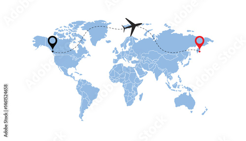 world map, flying white airplanes routes vector illustration