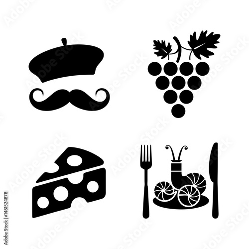 French symbols: beret, mustache, grapes, cheese, snails isolated on white