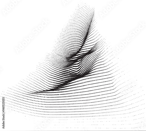 A dynamic swirling of dark dots against a white background creates an abstract wave.
