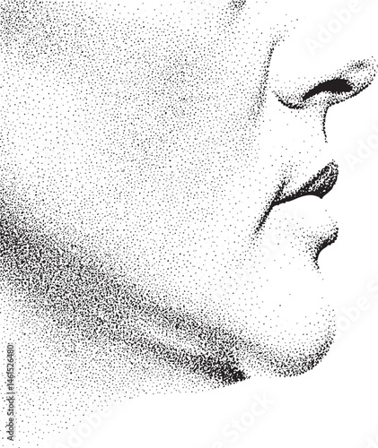 A close-up portrait of a face rendered with numerous tiny dots creating a textured and abstract representation.