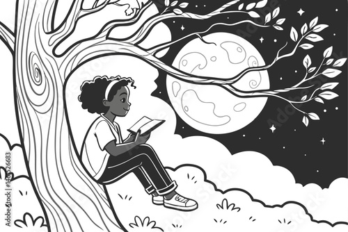 12 Black and white illustration, young girl reading book, sitting on gnarled tree, full moon background, starry night sky, intricate tree branches, curly hair, bare feet, peaceful expression, fantasy 