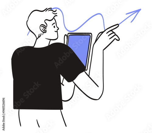 Man hold tablet, point at arrow showing growth. Data analysis and report, financial research or analyze social media information for marketing insight, analytics or optimization, smart information.