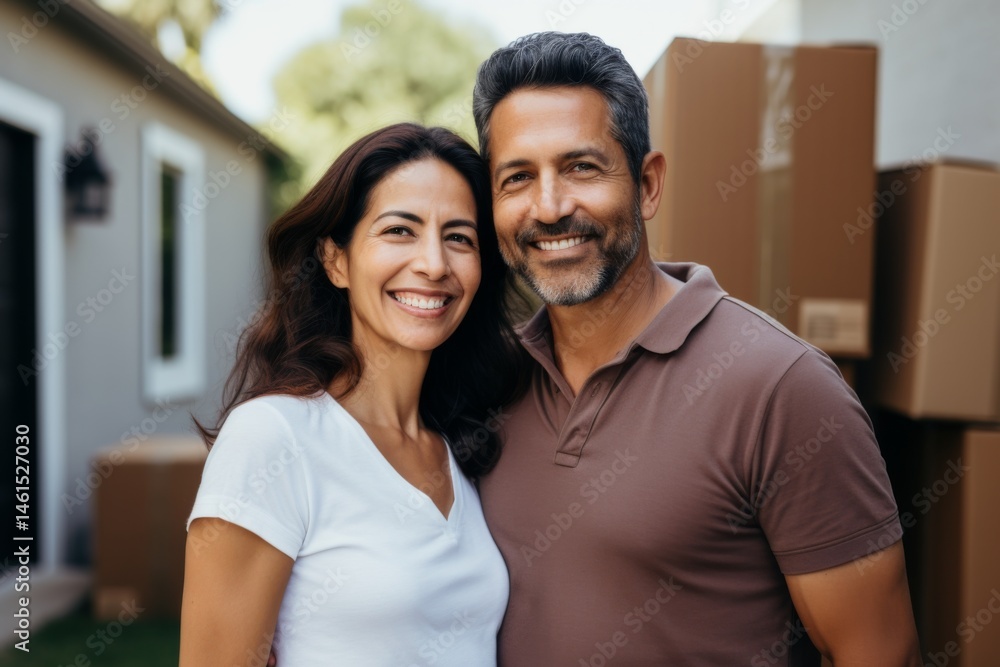 portrait of a smiling middle age hispanic couple in empty home after moving in portrait of a smiling middle age hispanic couple in empty home after moving in