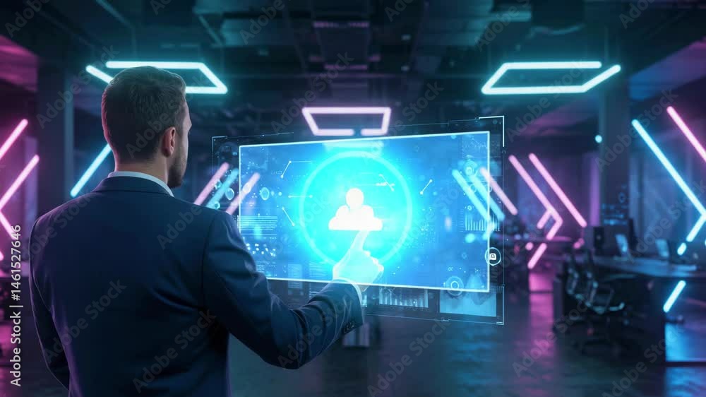 Business professional interacting with a holographic interface in a modern office environment, showcasing digital connections Business professional interacting with a holographic interface in a modern office environment, showcasing digital connections