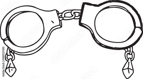 Black handcuffs dangle from a silver chain.