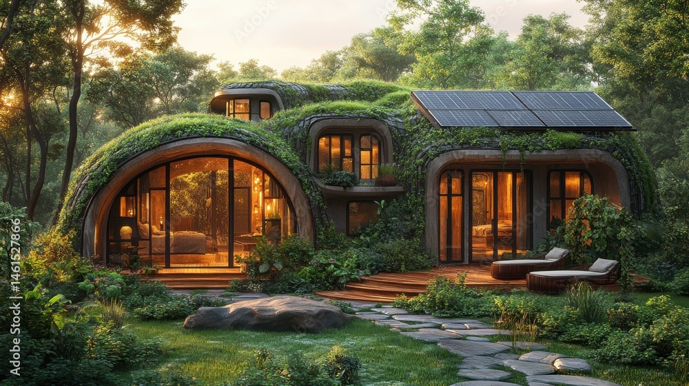 Obraz premium Unique earth house blending nature and modern design, bathed in golden sunlight