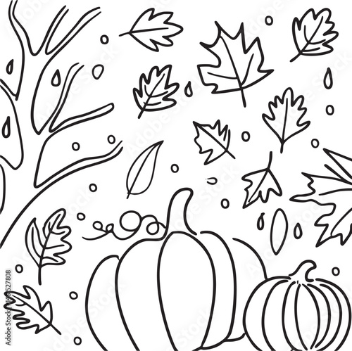 Black and white depicts scattered autumn leaves and pumpkins.