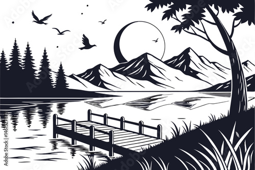 13 night scene, moonlit landscape, mountains, lake, wooden pier, full moon, flying birds, black and white illustration, high contrast, detailed linework, woodcut style, serene atmosphere, reflections 