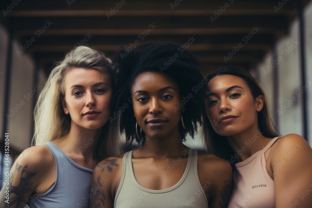 Fototapeta premium portrait of confident body positive diverse group of 3 women in gym in usa