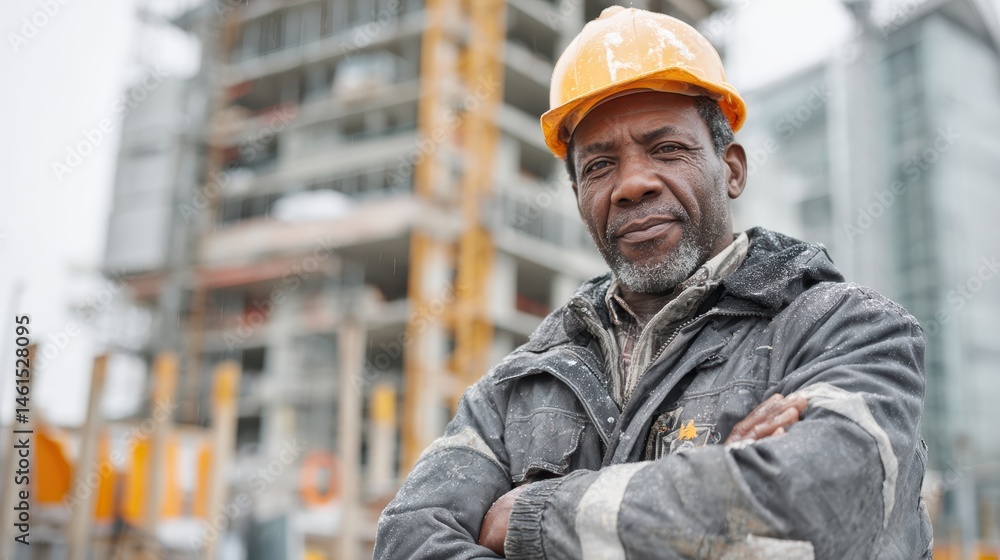 Man in work uniform and helmet posing with arms folded on unfinished building site Man in work uniform and helmet posing with arms folded on unfinished building site