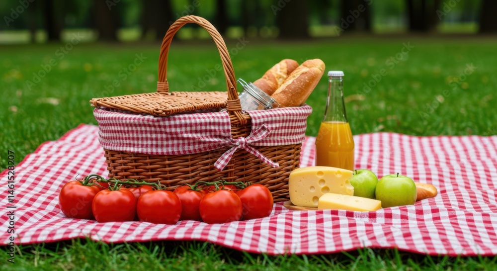 A picnic basket with bread juice cheese apples and tomatoes on a red and white checkered blanket A picnic basket with bread juice cheese apples and tomatoes on a red and white checkered blanket