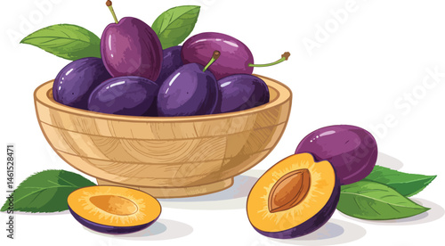 Plums in bowl with plum slice on table in white background vector design, Plum vector design