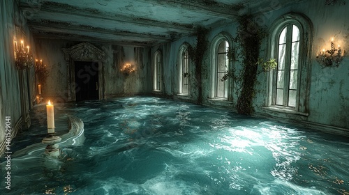 Submerged antique mansion interior with flowing water.