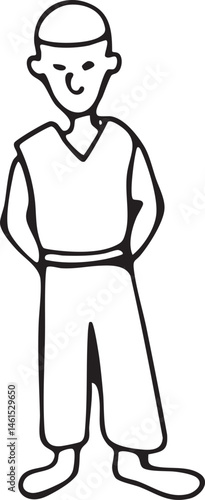 A young man stands confidently with his hands on his hips.
