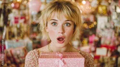 Blonde female celebrating with presents, looking intrigued while shaking box, festive mood