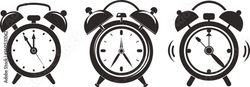 Classic alarm clocks showing different times wake up time management black and white silhouette vector illustration symbol