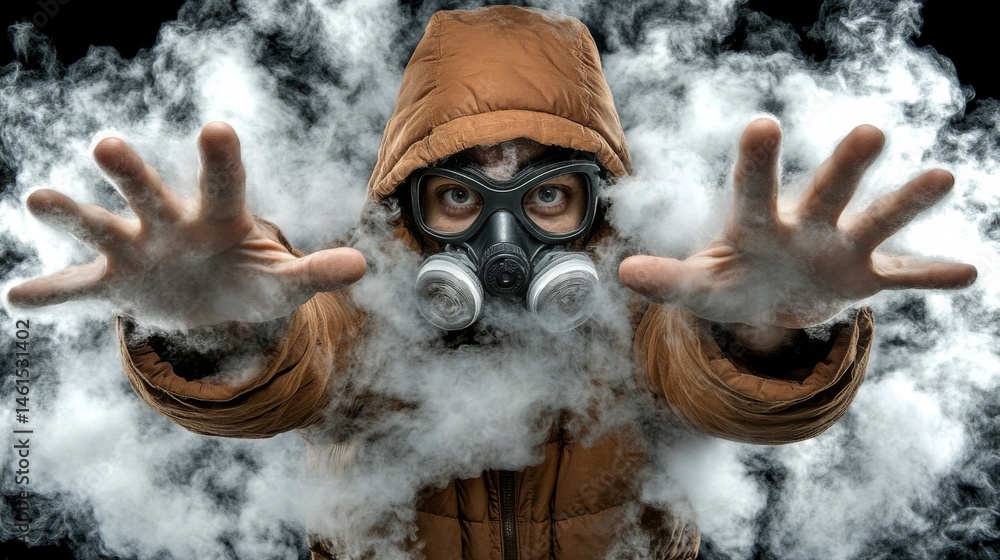 Fototapeta premium A person in a gas mask reaches out through a cloud of smoke