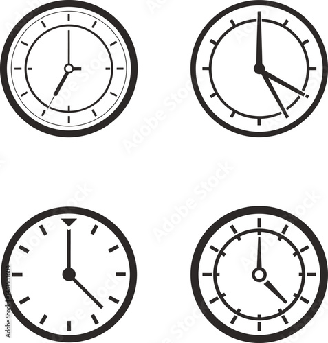 Clock Designs Showing Different Times, Black and White Silhouette Vector Illustration Symbol 