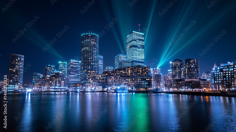 Fototapeta premium Urban nightscape illuminated city lights reflection environmental impact and carbon footprint policy waterfront view