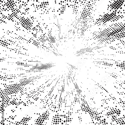 A dense of black dots radiates outward from a central point creating an energetic burst.