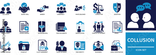 Flat vector icons illustrating secret cooperation, unethical agreement, and hidden collaboration.