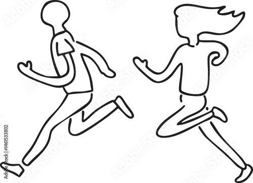 Two figures are running in a dynamic forward motion.