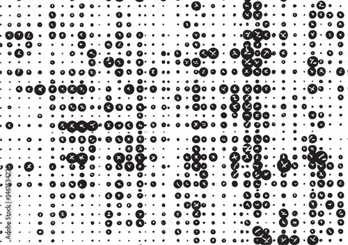 A dense array of black and white dots creates an abstract