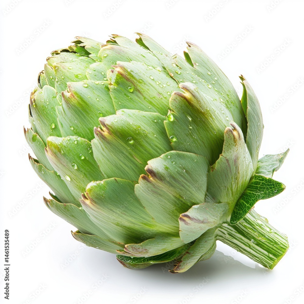 Fototapeta premium Isolated fresh artichoke with water droplets close up on white background
