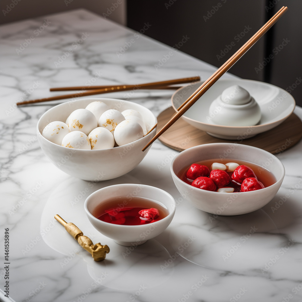 Fototapeta premium Rice Dumplings (Tangyuan), tangyuan served on a modern marble countertop in minimalist white ceramic bowls with gold chopsticks beside, surrounded by festive red envelopes and tea.