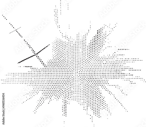 A dense array of small dots radiates outward from a central point intersected by a diagonal