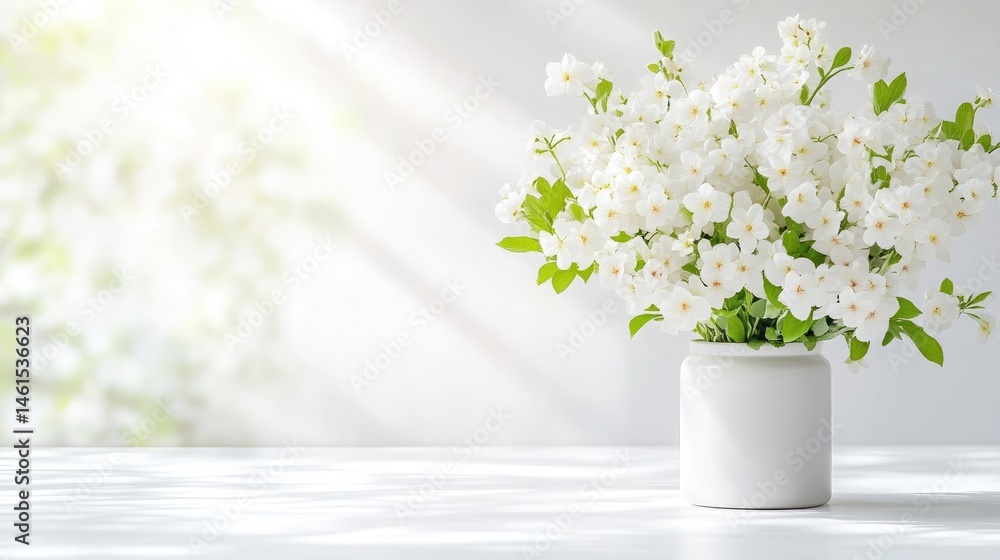Fototapeta premium A bouquet of white flowers in a simple white vase, bathed in sunlight. Soft natural light filters through a window, illuminating the flowers and a blurred background of out-of-focus greenery