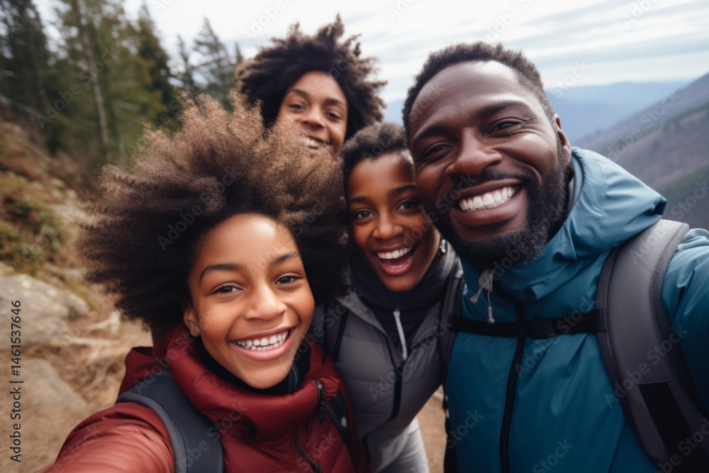 Smiling portrait of a African American family hikers taking selfie while hiking on the mountain Smiling portrait of a African American family hikers taking selfie while hiking on the mountain