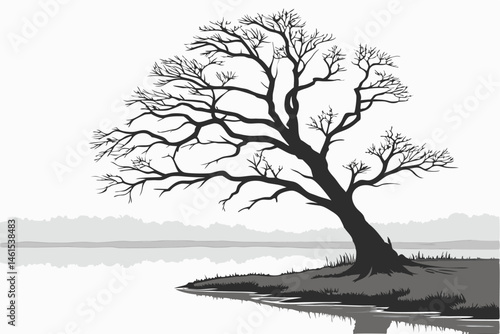 17 Black and white photography, lone gnarled tree, smooth water surface, minimalist landscape, bare branches, reflections, ethereal atmosphere, misty horizon, long exposure, stark contrast, serene sti