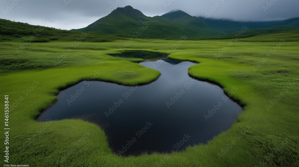 Serene mountain lake nestled in vibrant green meadow Serene mountain lake nestled in vibrant green meadow