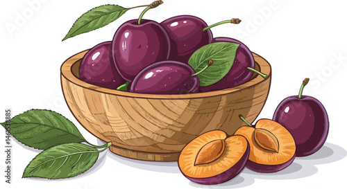 Plums in wooden bowl with plums slice in white background vector design, Plum vector design